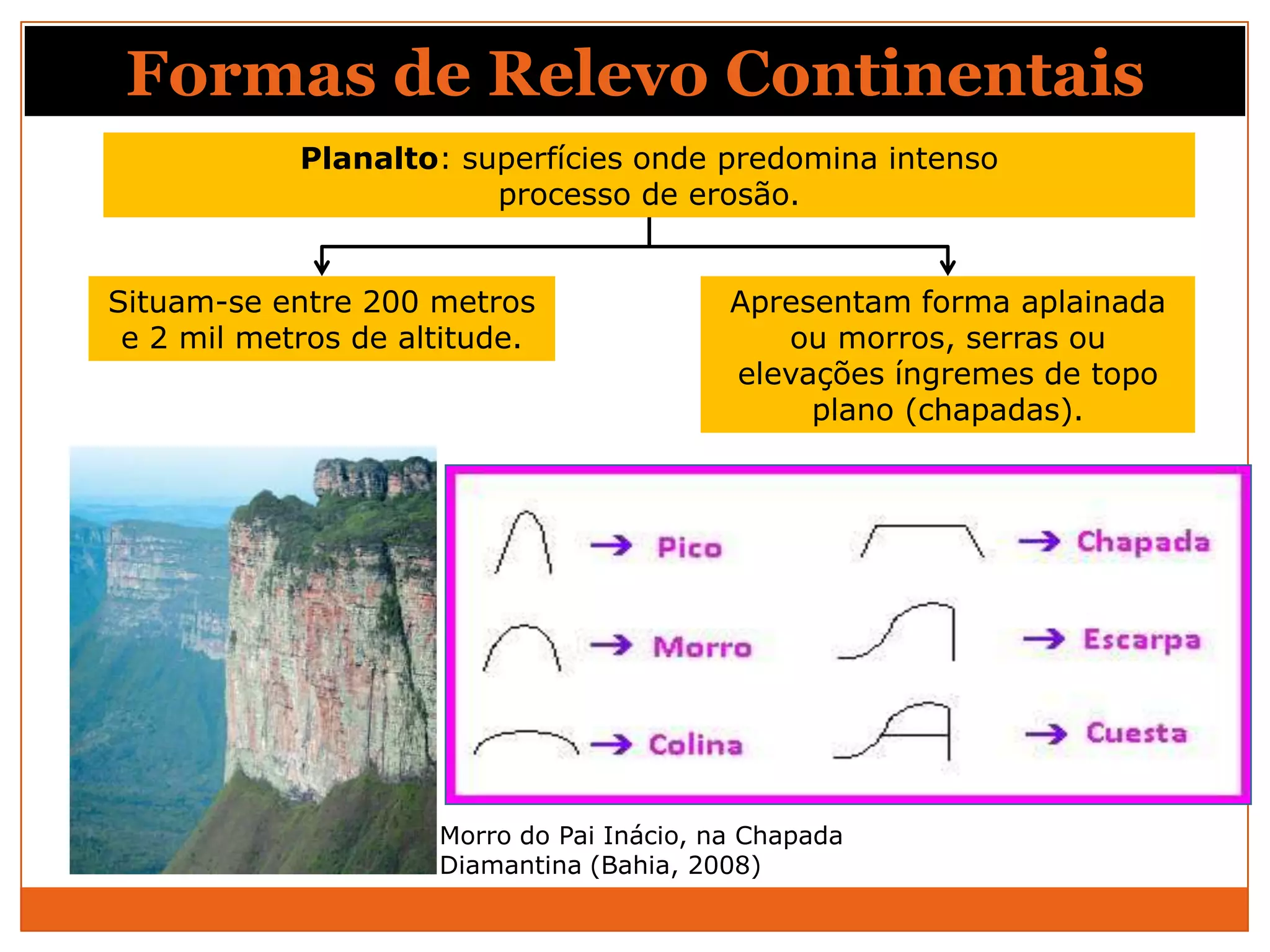 Formas de Relevo Continentais
            Planalto: superfícies onde predomina intenso
                        processo de erosão.


Situam-se entre 200 metros                 Apresentam forma aplainada
 e 2 mil metros de altitude.                  ou morros, serras ou
                                           elevações íngremes de topo
                                                plano (chapadas).




                     Morro do Pai Inácio, na Chapada
                     Diamantina (Bahia, 2008)
 