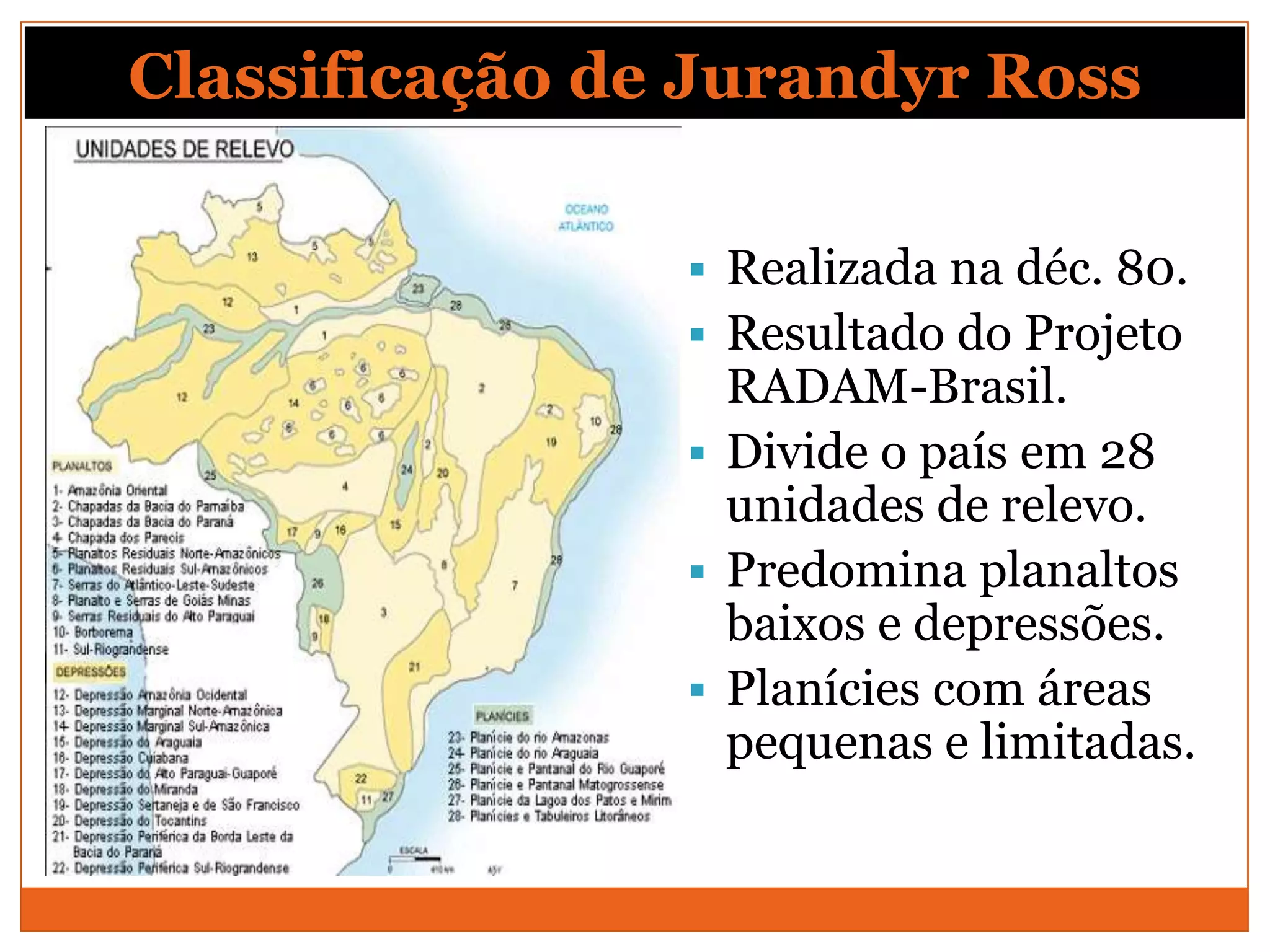 Classificação de Jurandyr Ross

                 Realizada na déc. 80.
                 Resultado do Projeto
                  RADAM-Brasil.
                 Divide o país em 28
                  unidades de relevo.
                 Predomina planaltos
                  baixos e depressões.
                 Planícies com áreas
                  pequenas e limitadas.
 