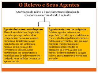 O Relevo e Seus Agentes
          A formação do relevo e a constante transformação de
                suas formas ocorrem devido à ação de:




Agentes internos ou endógenos        Agentes externos ou exógenos
São as forças internas do planeta,   Existem agentes externos, na
causadas pelas pressão e altas       superfície terrestre, que modificam o
temperaturas das camadas mais        relevo, não tão rapidamente como os
profundas. Geralmente essas          vulcões ou terremotos, mas sua ação
manifestações são violentas e        contínua transforma lenta e
rápidas, como é o caso dos           ininterruptamente todas as
terremotos e vulcões. Esses          paisagens da Terra. A ação dos
movimentos são construtores e        ventos, do intemperismo e da água
modificadores do relevo terrestre,   sobre a crosta terrestre determinam
podendo levar milhões de anos ou     a erosão.
apenas um dia.
 