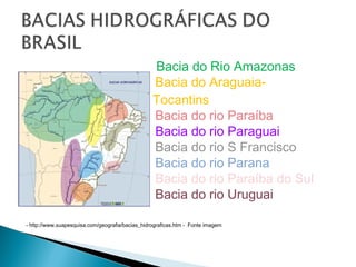 Bacia do Rio Amazonas
Bacia do Araguaia-
Tocantins
Bacia do rio Paraíba
Bacia do rio Paraguai
Bacia do rio S Francisco
Bacia do rio Parana
Bacia do rio Paraíba do Sul
Bacia do rio Uruguai
- http://www.suapesquisa.com/geografia/bacias_hidrograficas.htm - Fonte imagem
 