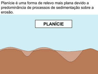 PLANÍCIE
Planície é uma forma de relevo mais plana devido a
predominância de processos de sedimentação sobre a
erosão.
 