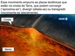Esse movimento empurra as placas tectônicas que
estão na crosta da Terra, que podem convergir
(“aproxima-se”), divergir (afasta-se) ou transgredir
(movimenta-se lateralmente).
Crosta
Manto
 