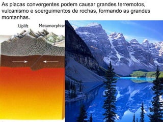 As placas convergentes podem causar grandes terremotos,
vulcanismo e soerguimentos de rochas, formando as grandes
montanhas.
 