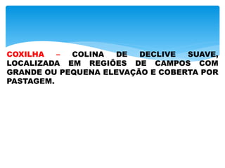 COXILHA – COLINA DE DECLIVE SUAVE,
LOCALIZADA EM REGIÕES DE CAMPOS COM
GRANDE OU PEQUENA ELEVAÇÃO E COBERTA POR
PASTAGEM.
 