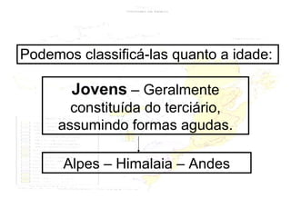 Podemos classificá-las quanto a idade: Jovens  – Geralmente constituída do terciário, assumindo formas agudas. Alpes – Himalaia – Andes 