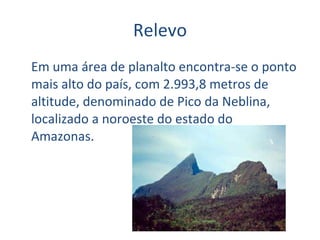 Relevo Em uma área de planalto encontra-se o ponto mais alto do país, com 2.993,8 metros de altitude, denominado de Pico da Neblina, localizado a noroeste do estado do Amazonas.   