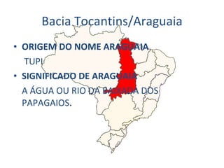 Bacia Tocantins/Araguaia ORIGEM DO NOME ARAGUAIA   TUPI SIGNIFICADO DE ARAGUAIA A ÁGUA OU RIO DA BAIXADA DOS PAPAGAIOS . 