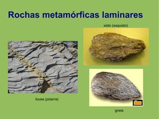 Rochas metamórficas laminares
lousa (pizarra)
xisto (esquisto)
gneis
 