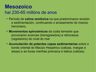 Mesozoico
hai 230-65 millóns de anos
●
Período de calma xeolóxica na que predominaron erosión
e sedimentación, continuando o arrasamento do macizo
herciniano.
●
Movementos epiroxénicos da codia terrestre que
provocaron avances (transgresións) e retrocesos
(regresións) do nivel do mar
●
Acumulación de potentes capas sedimentarias sobre o
borde oriental do Macizo Hespérico (calizas, margas e
areas) e as foxas mariñas pirenaica e bética (calizas)
 