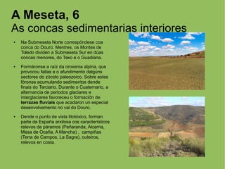 A Meseta, 6
As concas sedimentarias interiores
● Na Submeseta Norte correspóndese coa
conca do Douro. Mentres, os Montes de
Toledo dividen a Submeseta Sur en dúas
concas menores, do Texo e o Guadiana.
● Formáronse a raíz da oroxenia alpina, que
provocou fallas e o afundimento dalgúns
sectores do zócolo paleozoico. Sobre estes
fóronse acumulando sedimentos dende
finais do Terciario. Durante o Cuaternario, a
alternancia de periodos glaciares e
interglaciares favoreceu o formación de
terrazas fluviais que acadaron un especial
desenvolvemento no val do Douro.
● Dende o punto de vista litolóxico, forman
parte da España arxilosa cos característicos
relevos de páramos (Peñaranda, Alcarria,
Mesa de Ocaña, A Mancha) , campiñas
(Terra de Campos, La Sagra), outeiros,
relevos en costa.
 