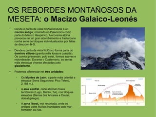 OS REBORDES MONTAÑOSOS DA
MESETA: o Macizo Galaico-Leonés
● Dende o punto de vista morfoestrutural é un
macizo antigo, orixinado no Paleozoico como
parte do Macizo Hespérico. A oroxenia alpina
provocou nel un gran abombamento e fracturouno
nunha serie de bloques individualizados por fallas
de dirección N-S.
● Dende o punto de vista litolóxico forma parte do
dominio silíceo (granito máis lousa e cuarcita).
Os cumios presentan, polo xeral, formas suaves e
redondeadas. Durante o Cuaternario, as serras
máis elevadas víronse afectadas polo
glaciarismo.
● Podemos diferenciar nel tres unidades:
➢ Os Montes de León, a parte máis oriental e
elevada (Serra Segundera: Pico Teleno,
2.188 m.).
➢ A area central, onde alternan fosas
tectónicas (Lugo, Bierzo, Tui), con bloques
elevados (Serras dos Ancares e Caurel,
dorsal galega).
➢ A zona litoral, moi recortada, onde os
antigos vales fluviais inundados polo mar
formaron as rías.
 