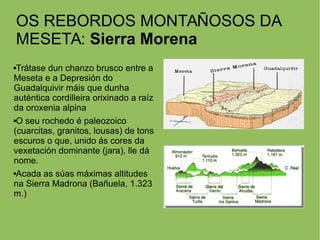 OS REBORDOS MONTAÑOSOS DA
MESETA: Sierra Morena
Trátase dun chanzo brusco entre a
Meseta e a Depresión do
Guadalquivir máis que dunha
auténtica cordilleira orixinado a raíz
da oroxenia alpina
O seu rochedo é paleozoico
(cuarcitas, granitos, lousas) de tons
escuros o que, unido ás cores da
vexetación dominante (jara), lle dá
nome.
Acada as súas máximas altitudes
na Sierra Madrona (Bañuela, 1.323
m.)
 