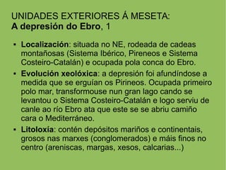UNIDADES EXTERIORES Á MESETA:
A depresión do Ebro, 1
 Localización: situada no NE, rodeada de cadeas
montañosas (Sistema Ibérico, Pireneos e Sistema
Costeiro-Catalán) e ocupada pola conca do Ebro.
 Evolución xeolóxica: a depresión foi afundíndose a
medida que se erguían os Pirineos. Ocupada primeiro
polo mar, transformouse nun gran lago cando se
levantou o Sistema Costeiro-Catalán e logo serviu de
canle ao río Ebro ata que este se se abriu camiño
cara o Mediterráneo.
 Litoloxía: contén depósitos mariños e continentais,
grosos nas marxes (conglomerados) e máis finos no
centro (areniscas, margas, xesos, calcarias...)
 
