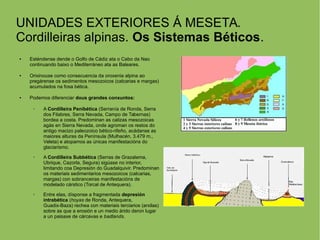 UNIDADES EXTERIORES Á MESETA.
Cordilleiras alpinas. Os Sistemas Béticos.
● Esténdense dende o Golfo de Cádiz ata o Cabo da Nao
continuando baixo o Mediterráneo ata as Baleares.
● Orixinouse como consecuencia da oroxenia alpina ao
pregárense os sedimentos mesozoicos (calcarias e margas)
acumulados na fosa bética.
● Podemos diferenciar dous grandes conxuntos:
➢ A Cordilleira Penibética (Serranía de Ronda, Serra
dos Filabres, Serra Nevada, Campo de Tabernas)
bordea a costa. Predominan as calizas mesozoicas
agás en Sierra Nevada, onde agroman os restos do
antigo macizo paleozoico bético-rifeño, acádanse as
maiores alturas da Península (Mulhacén, 3.479 m.,
Veleta) e atopamos as únicas manifestacións do
glaciarismo.
➢ A Cordilleira Subbética (Serras de Grazalema,
Ubrique, Cazorla, Segura) sigúase no interior,
limitando coa Depresión do Guadalquivir. Predominan
os materiais sedimentarios mesozoicos (calcarias,
margas) con sobranceiras manifestacións de
modelado cárstico (Torcal de Antequera).
➢ Entre elas, dísponse a fragmentada depresión
intrabética (hoyas de Ronda, Antequera,
Guadix-Baza) rechea con materiais terciarios (arxilas)
sobre as que a erosión e un medio árido deron lugar
a un paisaxe de cárcavas e badlands.
 