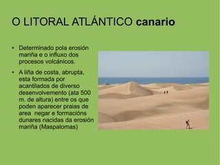 O LITORAL ATLÁNTICO canario
● Determinado pola erosión
mariña e o influxo dos
procesos volcánicos.
● A liña de costa, abrupta,
esta formada por
acantilados de diverso
desenvolvemento (ata 500
m. de altura) entre os que
poden aparecer praias de
area negar e formacións
dunares nacidas da erosión
mariña (Maspalomas)
 
