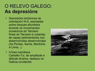 O RELEVO GALEGO:
As depresións
● Depresións tectónicas de
orientación N-S, asentadas
sobre bloques afundidos
durante os movementos
oroxénicos do Terciario
finais do Terciario e cubertas
de capas sedimentarias moi
desenvolvidas desenvolvidas
(As Pontes, Sarria, Monforte,
A Limia...)
● A fosa meridiana
Carballo-Tui, de amplitude e
altitude diversa, destaca na
Galicia occidental.
 