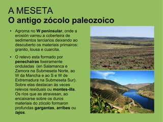 A MESETA
O antigo zócolo paleozoico
● Agroma no W peninsular, onde a
erosión varreu a coberteira de
sedimentos terciarios deixando ao
descuberto os materiais primairos:
granito, lousa e cuarcita.
● O relevo esta formado por
penechairas lixeiramente
onduladas (en Salamanca e
Zamora na Submeseta Norte, ao
W da Mancha e ao S e W de
Extremadura na Submeseta Sur).
Sobre elas destacan ás veces
relevos residuais ou montes-illa.
Os ríos que as atravesan, ao
encaixarse sobre os duros
materiais do zócolo formaron
profundas gargantas, arribes ou
tajos.
 