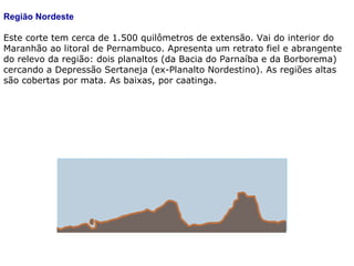 Região Nordeste
Este corte tem cerca de 1.500 quilômetros de extensão. Vai do interior do
Maranhão ao litoral de Pernambuco. Apresenta um retrato fiel e abrangente
do relevo da região: dois planaltos (da Bacia do Parnaíba e da Borborema)
cercando a Depressão Sertaneja (ex-Planalto Nordestino). As regiões altas
são cobertas por mata. As baixas, por caatinga.
 