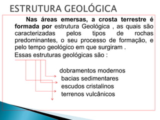 Nas áreas emersas, a crosta terrestre é formada por  estrutura Geológica , as quais são caracterizadas pelos tipos de rochas predominantes, o seu processo de formação, e pelo tempo geológico em que surgiram . Essas estruturas geológicas são : dobramentos modernos  bacias sedimentares  escudos cristalinos terrenos vulcânicos 