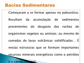 Começaram a se formar apenas no paleozóico. Resultam da acumulação de sedimentos provenientes do desgaste das rochas de organismos vegetais ou animais; ou mesmo de camadas de lavas vulcânicas solidificadas . É nestas estruturas que se formam importantes recursos minerais energéticos como o petróleo e o carvão mineral.  