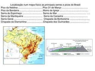 Localização num mapa físico as principais serras e picos do Brasil:  Pico da Neblina .....................................Pico 31 de Março .......................................  Pico da Bandeira....................................Morro da Igreja ........................................... Serra do Espinhaço .............................. Serra do Mar ........................................... ..... Serra da Mantiqueira ............................  Serra da Canastra .................................... Serra Geral............................................  Chapada da Borborema .............................. Chapada da Diamantina ........................Chapada dos Guimarães ............................ 