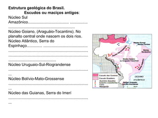 Estrutura geológica do Brasil. Escudos ou maciços antigos : Núcleo Sul Amazônico..................................... ............................................................................ Núcleo Goiano, (Araguáio-Tocantins). No planalto central onde nascem os dois rios. Núcleo Atlântico, Serra do Espinhaço.............. ................................................................................................................................................................................................................................... Núcleo Uruguaio-Sul-Riograndense  ........................................................................... Núcleo Bolívio-Mato-Grossense ........................................................................... Núcleo das Guianas, Serra do Imerí ........................................................................... 