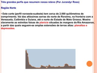 Três grandes perfis que resumem nosso relevo (Por Jurandyr Ross)

Região Norte

• Este corte (perfil noroeste-sudeste) tem cerca de 2.000 quilômetros de
comprimento. Vai das altíssimas serras do norte de Roraima, na fronteira com a
Venezuela, Colômbia e Guiana, até o norte do Estado de Mato Grosso. Mostra
claramente as estreitas faixas de planície situadas às margens do Rio Amazonas,
a partir das quais seguem-se amplas extensões de terras altas: planaltos e
depressões.
 