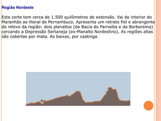 Região Nordeste

Este corte tem cerca de 1.500 quilômetros de extensão. Vai do interior do
Maranhão ao litoral de Pernambuco. Apresenta um retrato fiel e abrangente
do relevo da região: dois planaltos (da Bacia do Parnaíba e da Borborema)
cercando a Depressão Sertaneja (ex-Planalto Nordestino). As regiões altas
são cobertas por mata. As baixas, por caatinga.
 