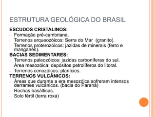ESTRUTURA GEOLÓGICA DO BRASIL
ESCUDOS CRISTALINOS:
- Formação pré-cambriana.
- Terrenos arqueozóicos: Serra do Mar (granito).
- Terrenos proterozóicos: jazidas de minerais (ferro e
  manganês).
BACIAS SEDIMENTARES:
- Terrenos paleozóicos: jazidas carboníferas do sul.
- Área mesozóica: depósitos petrolíferos do litoral.
- Terrenos cenozóicos: planícies.
TERRENOS VULCÂNICOS:
- Áreas que durante a era mesozóica sofreram intensos
  derrames vulcânicos. (bacia do Paraná)
- Rochas basálticas.
- Solo fértil (terra roxa)
 