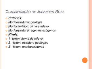 CLASSIFICAÇÃO DE JURANDYR ROSS
 Critérios:
 Morfoestrutural: geologia
 Morfoclimático: clima e relevo
 Morfoestrutural: agentes exógenos
 Níveis:
 1 táxon: forma de relevo
 2 táxon: estrutura geológica
 3 táxon: morfoesculturas
 