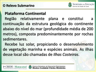 O Relevo Submarino

 Plataforma Continental
 Região relativamente plana e constitui         a
continuação da estrutura geológica do continente
abaixo do nível do mar (profundidade média de 200
metros), composta predominantemente por rochas
sedimentares.
 Recebe luz solar, propiciando o desenvolvimento
de vegetação marinha e espécies animais. As ilhas
desse local são chamadas de Ilhas Costeiras.
 