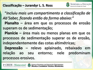 Classificação – Jurandyr L. S. Ross

 “Incluiu mais um compartimento a classificação de
Ab’Saber, ficando então da forma abaixo:”
 Planalto – área em que os processos de erosão
superam os de sedimentação;
 Planície – área mais ou menos planas em que os
processos de sedimentação superar os de erosão,
independentemente das cotas altimétricas;
 Depressão – relevo aplainado, rebaixado em
relação ao seu entorno; nele predominam
processos erosivos.
 