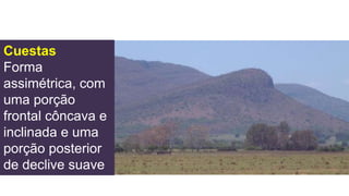 Cuestas
Forma
assimétrica, com
uma porção
frontal côncava e
inclinada e uma
porção posterior
de declive suave
 