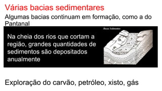 Várias bacias sedimentares
Algumas bacias continuam em formação, como a do
Pantanal

Na cheia dos rios que cortam a
região, grandes quantidades de
sedimentos são depositados
anualmente


Exploração do carvão, petróleo, xisto, gás
 