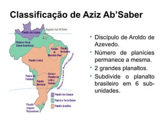Classificação de Aziz Ab’Saber





Discípulo de Aroldo de
Azevedo.
Número de planícies
permanece a mesma.
2 grandes planaltos.
Subdivide o planalto
brasileiro em 6 subunidades.

 