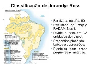 Classificação de Jurandyr Ross






Realizada na déc. 80.
Resultado do Projeto
RADAM-Brasil.
Divide o país em 28
unidades de relevo.
Predomina planaltos
baixos e depressões.
Planícies com áreas
pequenas e limitadas.

 
