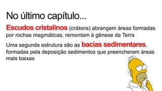 No último capítulo...
Escudos cristalinos (crátons) abrangem áreas formadas
por rochas magmáticas, remontam à gênese da Terra

Uma segunda estrutura são as bacias sedimentares,
formadas pela deposição sedimentos que preencheram áreas
mais baixas

 