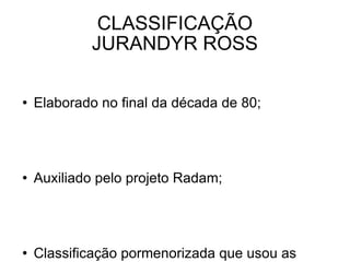 CLASSIFICAÇÃO JURANDYR ROSS Elaborado no final da década de 80; Auxiliado pelo projeto Radam; Classificação pormenorizada que usou as noções altimétricas, os processos erosivos e de sedimentação e a origem geológica dos terrenos; 
