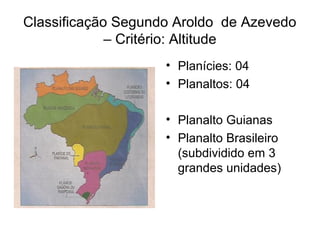 Classificação Segundo Aroldo de Azevedo
             – Critério: Altitude
                    • Planícies: 04
                    • Planaltos: 04

                    • Planalto Guianas
                    • Planalto Brasileiro
                      (subdividido em 3
                      grandes unidades)
 