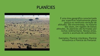 PLANÍCIES
É uma área geográfica caracterizada
por superfície relativamente plana
(pouca ou nenhuma variação de
altitude). São encontradas, na maioria
das vezes, em regiões de baixas
altitudes. As planícies são formadas por
rochas sedimentares. Nestas áreas,
ocorre o acúmulo de sedimentos.
Exemplos: Planície Litorânea, Planície
Amazônica e Planície do Pantanal.
 