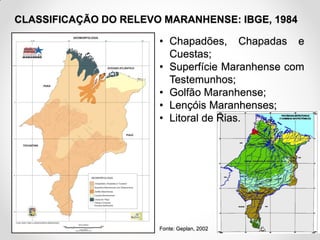 CLASSIFICAÇÃO DO RELEVO MARANHENSE: IBGE, 1984

• Chapadões, Chapadas e
Cuestas;
• Superfície Maranhense com
Testemunhos;
• Golfão Maranhense;
• Lençóis Maranhenses;
• Litoral de Rias.

Fonte: Geplan, 2002

 