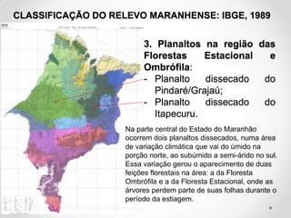 CLASSIFICAÇÃO DO RELEVO MARANHENSE: IBGE, 1989

3. Planaltos na região das
Florestas
Estacional
e
Ombrófila:
- Planalto
dissecado
do
Pindaré/Grajaú;
- Planalto
dissecado
do
Itapecuru.
Na parte central do Estado do Maranhão
ocorrem dois planaltos dissecados, numa área
de variação climática que vai do úmido na
porção norte, ao subúmido a semi-árido no sul.
Essa variação gerou o aparecimento de duas
feições florestais na área: a da Floresta
Ombrófila e a da Floresta Estacional, onde as
árvores perdem parte de suas folhas durante o
período da estiagem.
Fonte: IBGE, 1998

 