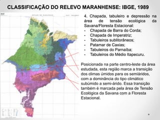 CLASSIFICAÇÃO DO RELEVO MARANHENSE: IBGE, 1989
4. Chapada, tabuleiro e depressão na
área
de
tensão
ecológica
da
Savana/Floresta Estacional:
- Chapada de Barra do Corda;
- Chapada de Imperatriz;
- Tabuleiros sublitorâneos;
- Patamar de Caxias;
- Tabuleiros do Parnaíba;
- Tabuleiros do Médio Itapecuru.
Posicionada na parte centro-leste da área
estudada, esta região marca a transição
dos climas úmidos para os semiáridos,
com a dominância do tipo climático
subúmido a semi-árido. Essa transição
também é marcada pela área de Tensão
Ecológica da Savana com a Floresta
Estacional.

Fonte: IBGE, 1998

 