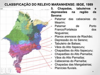 CLASSIFICAÇÃO DO RELEVO MARANHENSE: IBGE, 1989
5. Chapadas, tabuleiros e
depressões
na
região
da
Savana:
- Patamar das cabeceiras do
Mearim;
- Patamar
de
Porto
Franco/Fortaleza
dos
Nogueiras;
- Planos arenosos de Riachão;
- Depressão do rio Sereno;
- Tabuleiro de Balsas;
- Vãos do Alto Itapecuru;
- Chapadões do Alto Itapecuru;
- Chapadões do Alto Parnaíba;
- Vãos do Alto Parnaíba;
- Cabeceiras do Parnaíba;
- Chapadas das Mangabeiras;
- Planícies fluviais.
Fonte: IBGE, 1998

 
