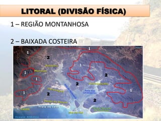 LITORAL (DIVISÃO FÍSICA)
1 – REGIÃO MONTANHOSA
2 – BAIXADA COSTEIRA
1
1
1
1
1
1
1
2
2
2
2
2
 