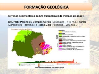 FORMAÇÃO GEOLÓGICA
Terrenos sedimentares da Era Paleozóica (540 milhões de anos);
GRUPOS: Paraná ou Campos Gerais (Devoniano – 416 m.a.), Itararé
(Carbonífero – 359 m.a.) e Passa Dois (Permiano – 299 m.a.).
 