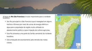 A bacia do Rio São Francisco é muito importante para o nordeste
brasileiro.
 Seu Rio principal é o São Francisco que é navegável em alguns
trechos e fornece por meio de usinas de energia elétrica e
água para a população da região muito utilizada no
abastecimento público e para irrigação de cultivos agrícolas.
 Esse Rio atravessa uma parte do Sertão semiárido do nordeste
brasileiro.
 Está ameaçado de assoreamento pela retirada das matas
ciliares.
 