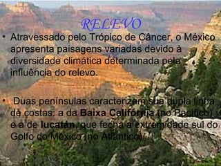 RELEVO
• Atravessado pelo Trópico de Câncer, o México
  apresenta paisagens variadas devido à
  diversidade climática determinada pela
  influência do relevo.

• Duas penínsulas caracterizam sua dupla linha
  de costas: a da Baixa Califórnia (no Pacífico)
  e a de Iucatán, que fecha a extremidade sul do
  Golfo do México (no Atlântico).
 