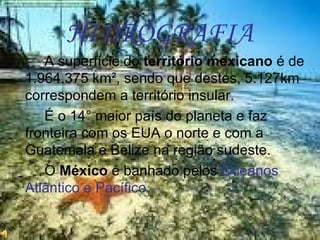 HIDROGRAFIA
   A superfície do território mexicano é de
1.964.375 km², sendo que destes, 5.127km
correspondem a território insular.
   É o 14° maior país do planeta e faz
fronteira com os EUA o norte e com a
Guatemala e Belize na região sudeste.
   O México é banhado pelos Oceanos
Atlântico e Pacífico.
 
