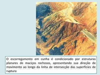 O escorregamento em cunha é condicionado por estruturas
planares de maciços rochosos, apresentando sua direção de
movimento ao longo da linha de intersecção das superfícies de
ruptura
 